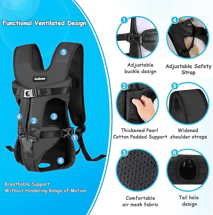 PetBonus Pet Front Dog Carrier Backpacks, Adjustable Pet Backpack, Legs Out Easy-fit Puppy Chest Carrier for Medium Small Dogs, Hands Free for Hiking, Cycling (Black, L)
