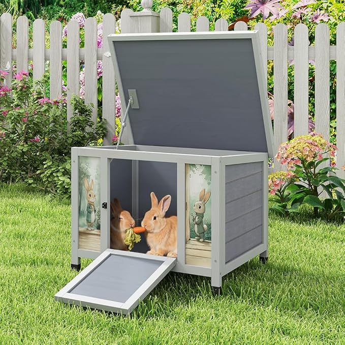 COZIWOW 24 Inch Rabbit Hutch Outdoor, Weatherproof Cat House, Bunny Cage Indoor with Non-Slip Ramp, Portable Wooden Shelter for Rabbits, Feral Cats, Chicken, Duck & Other Small Animals (Grey)