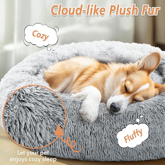 JOLLYVOGUE Calming Dog & Cat Bed for Small Dogs, Anti-Anxiety Donut Cuddler Cozy Soft Round Bed with Anti-Slip Bottom, Fluffy Faux Fur Plush Cushion Beds for Small Dogs, 23"/Smoke Gray
