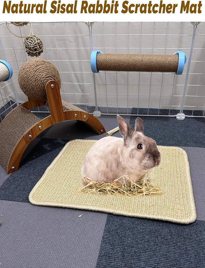Rabbit Scratcher Mat 2 Pack Natural Sisal Bunny Scratching Mats, Small Animal Scratch Pad Rug for Indoor Grinding Claw Pad for Guinea Pigs Chinchillas (Beige)