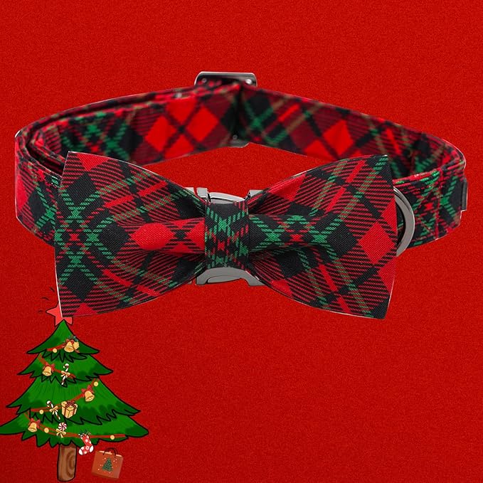 Dog Collar, Christmas Dog Collar Plaid Pet Collar Bow Holiday Bows Girl Boy Puppy Collar Adjustable Pet Collar for X-Large Dogs