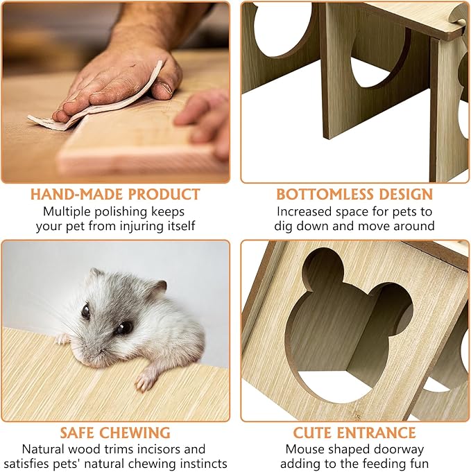Tfwadmx Wooden Small Animal Hideout & Ramp - Hamster Tunnel System with Climbing Ladder, Peep Shed and Digging Chambers for Mice, Dwarf Hamsters (Small)