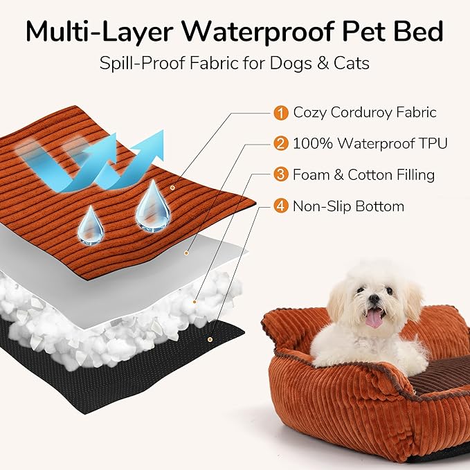 FUKUMARU Dog Couch Bed, Fluffy Corduroy Cat Beds for Indoor Cats with Washable Cover, Waterproof Small Dog Sofa Beds with Portable Handle and Anti-Slip Bottom, Pet Beds & Furniture 28inch, Orange