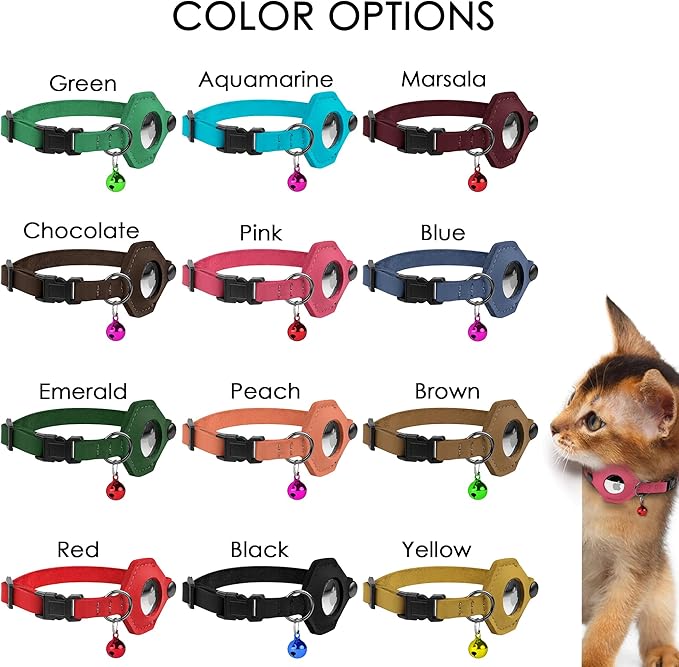 Breakaway Airtag Cat Collar with Removable Bell - Leather Pet Collar with Apple Air Tag Holder - Adjustable GPS Collars for Girl Boy Cats Kitten Puppy - Lightweight, Cute and Comfortable (Brown)