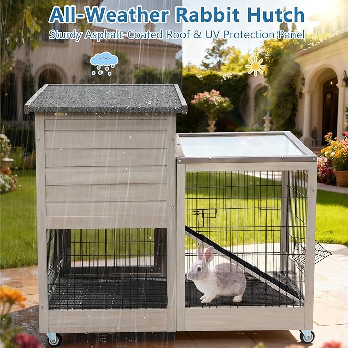 Rabbit Hutch Indoor Outdoor Bunny Cage with Urine Guards 2 Storey Mobile Guinea Pig Cage Weatherproof Asphalt Roof Wire Bottom 2 Trays