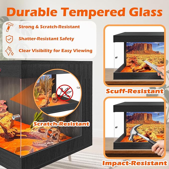 Royxen Tempered Glass Reptile Tank 29 Gallon, Reptile Enclosure with Metal Mesh Top and Lockable Design, Bearded Dragon Tank for Lizard Habitat, 24"x16"x16", Black