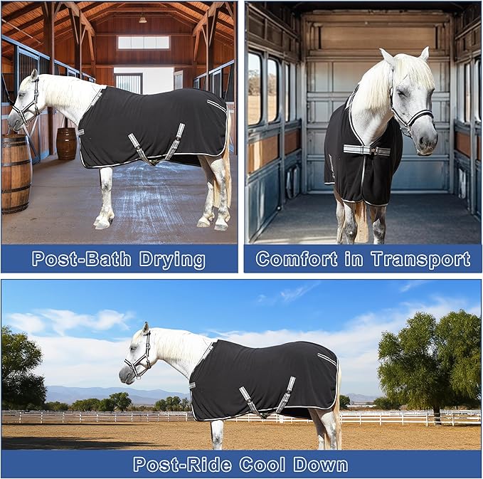 Horse Fleece Cooler, Blanket Liner - 300g Anti-Pilling Fleece, Moisture-Wicking, Cooling & Drying for Post-Workout, Bath & Travel, Prevent Overheating & Chilling Black 84