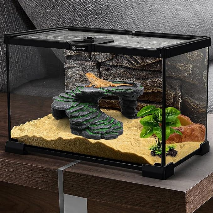 Turtle Basking Platform Kit, Reptile Habitat Hideout, Decorative Resin for Aquarium & Terrarium, Including Artificial Plant and Cleaning Brush. (B-Medium-Black)