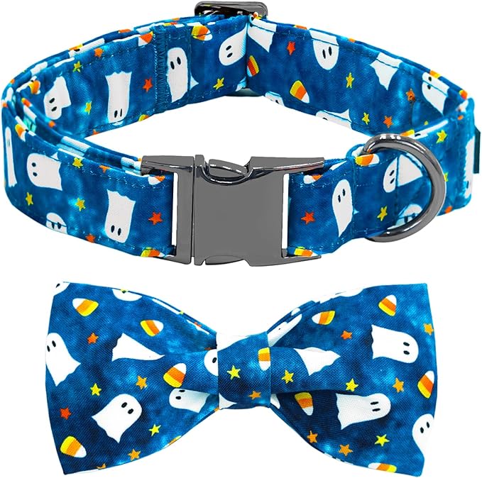 Halloween Dog Collar, Ghost Print Adjustable Pet Collar Blue Cute Cotton Soft Collars with Bow Tie Fall Metal Buckle Holiday Puppy Collars Boy&Girl Gift for Small Dogs