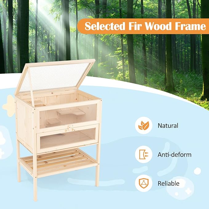PETSITE 31.5 Inches Freestanding Wooden Hamster Cage, Chew-Proof 2-Layer Hamster House with Full Transparent Viewing, Flip-Top Roof, and Storage Shelf, Ideal for Dwarf Hamster and Gerbils