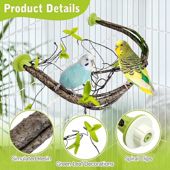 PINVNBY 2 PCS Bendable Bird Perches Simulation Branch Parrot Perch Stand with Green Leaf Hanging Paw Grinding Fork Cage Accessories for Parakeet Budgie Finch Cockatiel Conure (Large)