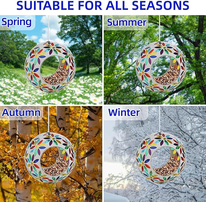 VOREEN Mosaic Glass Bird Feeder – 6" Handcrafted Hanging Fly-Through Feeder for Outdoor Garden Décor, Wild Bird Seed Feeder with Multicolor Flower Design – Gift for Mom Wife Friend Nature Lovers