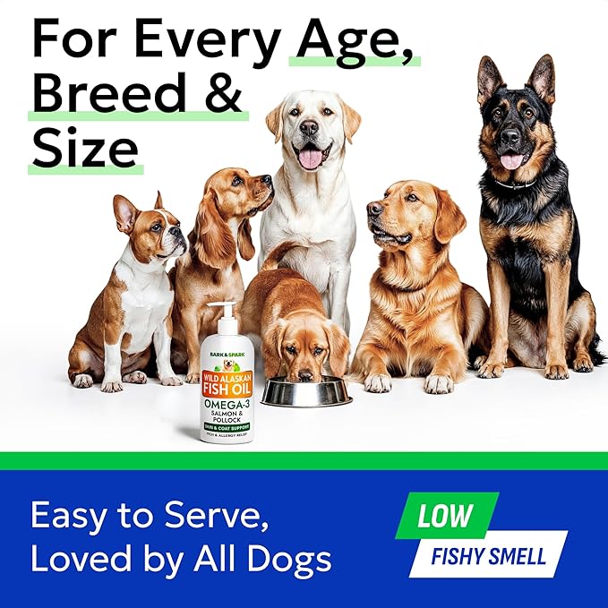 Bark&Spark Fish Oil for Dogs - Natural Omega-3 - Skin & Coat Support - Liquid Food Supplement for Pets - Natural EPA + DHA Fatty Acids for Joint Function, Immune & Heart Health 8oz - Salmon