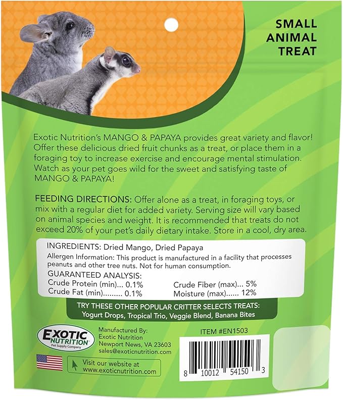 Mango & Papaya Treat (4.5 oz.) - Healthy Treat for Small Animals - Sugar Gliders, Rats, Chinchillas, Ferrets, Parrots, Hamsters, Squirrels, Hedgehogs, Guinea Pigs, Rabbits & Other Small Animals