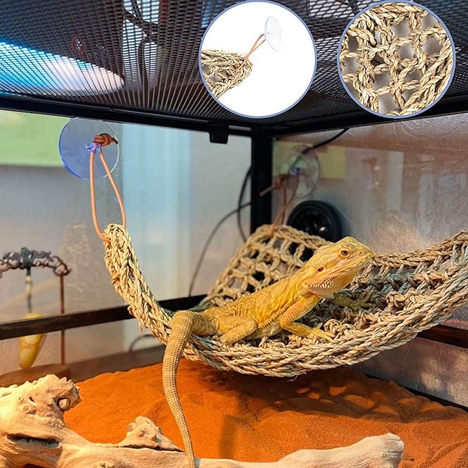 Bearded Dragon Tank Accessories Set: Reptile Habitat Decor with Climbing Hammock Toys, Natural Wood Hideout for Hermit Crab, Lizard, Leopard Gecko,Crested,Tortoise, Snake