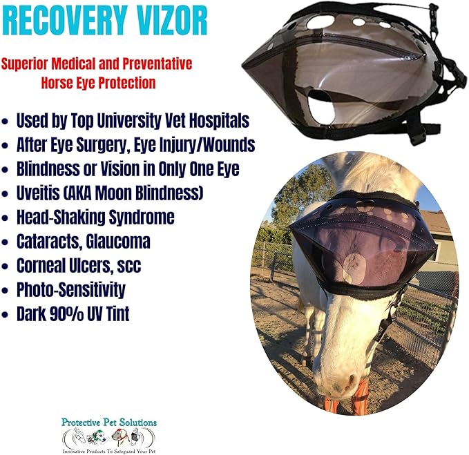 Recovery Vizor, (Size Pony - Dark UV Tint) Medical and Preventative Horse Eye (Goggle) Protection Mask for Uveitis, Injury, Scratch or Corneal Infection, Blindness.