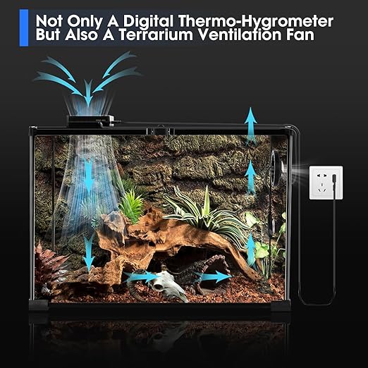 Reptile Terrarium Thermometer Hygrometer with Dehumidifier Ventilation Fan for Pet Rearing Box Reptile Tank LED Digital Thermometer and Humidity Gauge for Snake Bearded Dragon Gecko