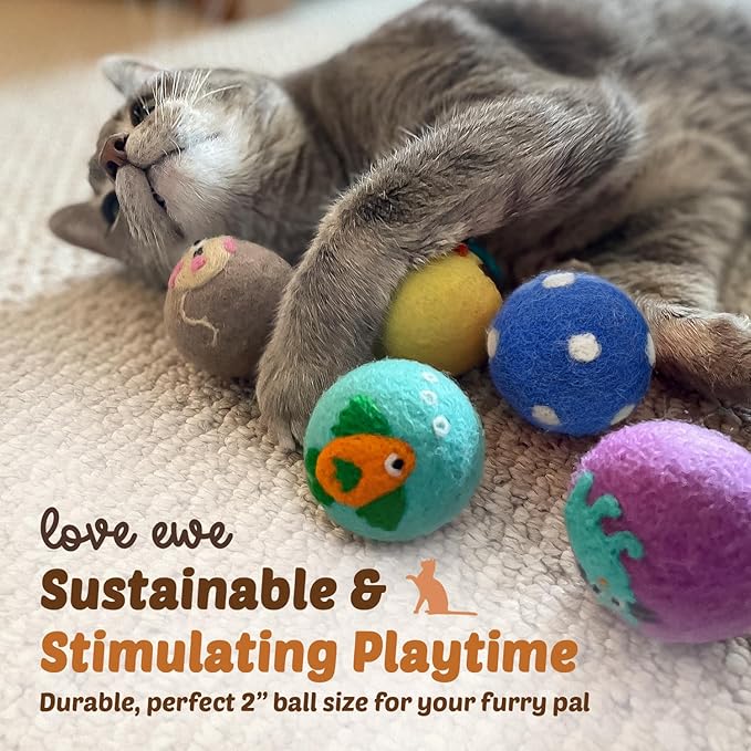 Hustle & Blush Love Ewe Felted Cat Toys 3 Pack - 5 Inch Mouse & 2 Inch Ball Hand Made Cute & Fun Design Kitten Wool Felt Balls for Indoor Play & Exercise - 100% New Zealand Handmade - Holiday Pet
