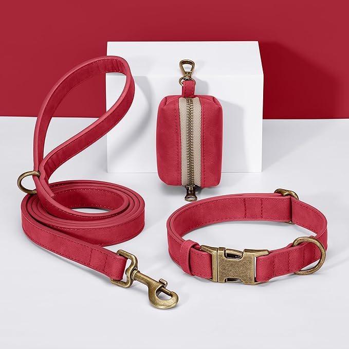 Didog Soft PU Leather Dog Collar, Stylish Quick Released Dog Collar for Large Dogs, Easy Clean Adjustable Pet Collar for Daily Walking, Red, L Fit 15-23" Neck