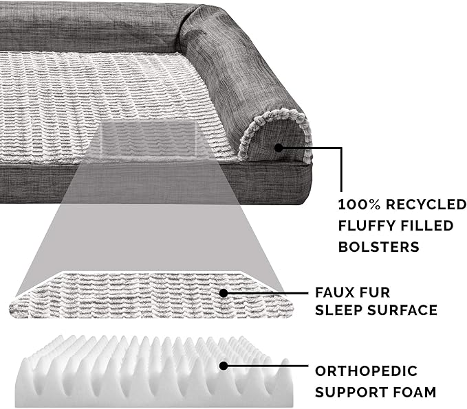 Furhaven Orthopedic Dog Bed for Large/Medium Dogs w/ Removable Bolsters & Washable Cover, For Dogs Up to 55 lbs - Luxe Faux Fur & Performance Linen Sofa - Charcoal, Large
