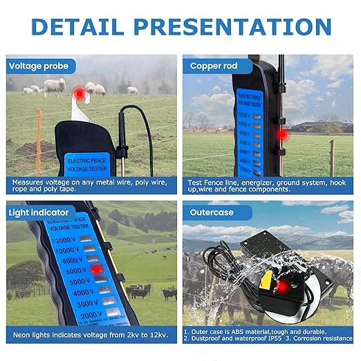 Electric Fence Voltage Tester, 12KV Fence Tester 8 Neon Indicator Lights/Fence Tester for Farms Fault Finder Portable Testing Tool