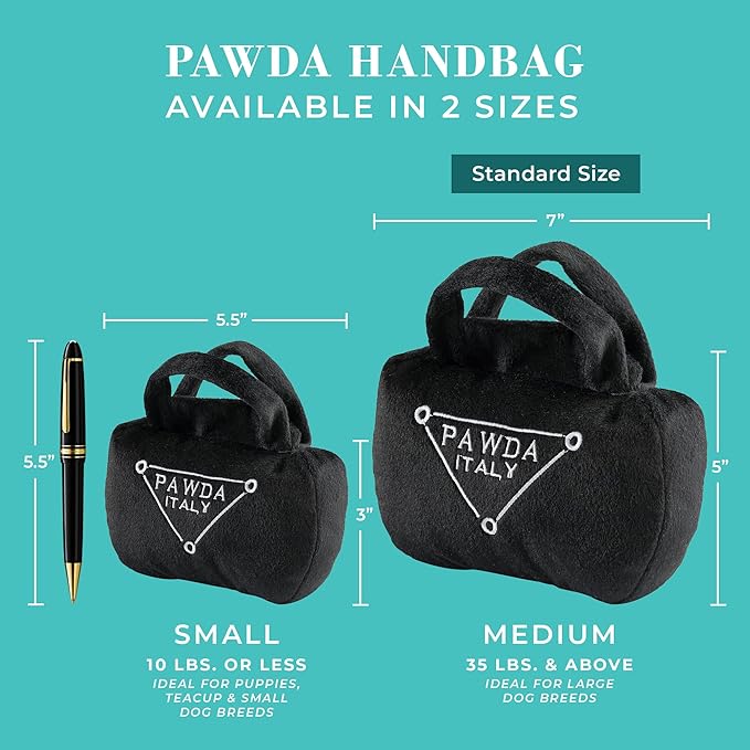 Haute Diggity Dog Pawda Handbag, Plush Designer Dog Toys with Interactive Squeaker, Stimulating Pet Enrichment - Dog Birthday Toy - Machine-Washable & Safe Materials for All Breeds, Size Small
