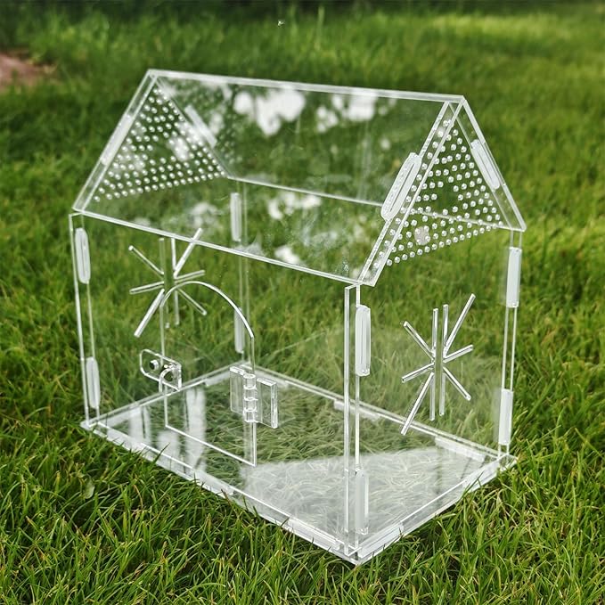 Jumping Spider Enclosure, Acrylic Terrarium for Praying Mantis, Small Tarantula Enclosure with Front Door, Versatile Reptile Habitat for Lizard, Snails, Gecko, Farmhouse Barn Shape 8.6"L*5.4"W*7.9"H