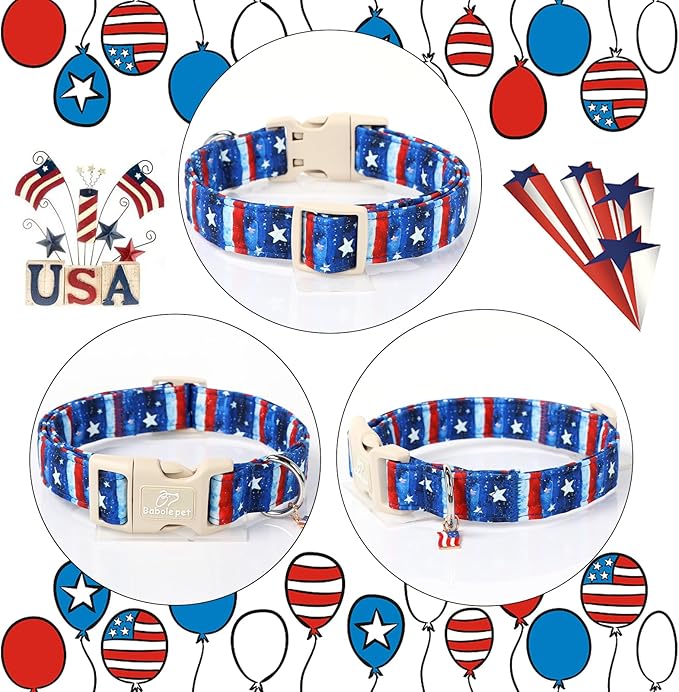 4th of July Dog Collar, Stars & Stripes Patriotic Dog Collars for Medium Dogs, Adjustable Lightweight Quick-Release Buckle Collar for Boy&Girl Dogs M