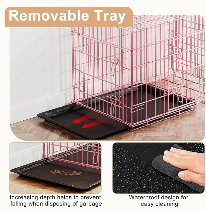 FDW Dog Crate 36inch Dog Cage Foldable Metal Kennel with Leakproof Tray Foldable Design Indoor Outdoor Use for Medium Dogs,Pink