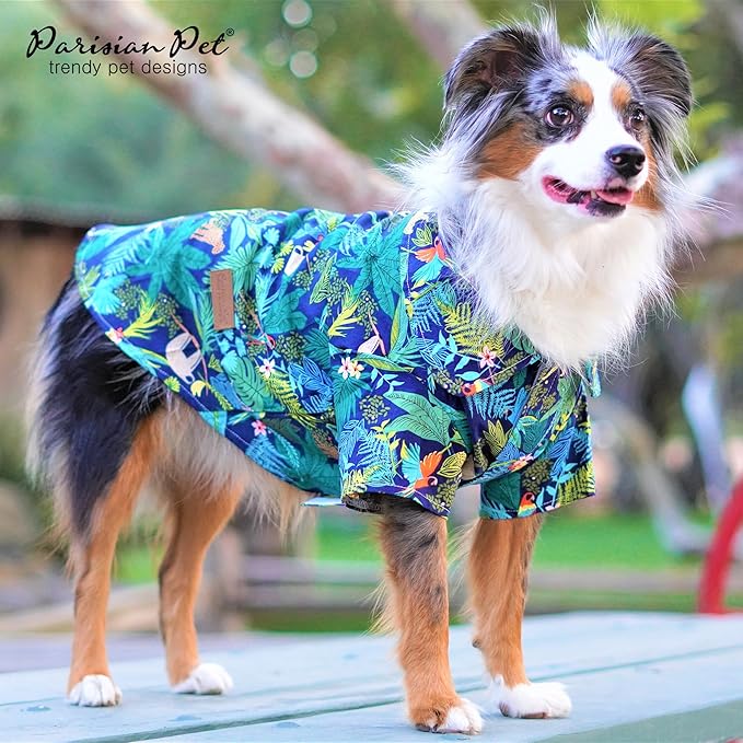 Parisian Pet Unisex Amazonia Shirt - Leafy Dog Beach Outfit - Cotton Summer Clothes - Stylish Hook and Loop Closure - Machine Washable for Medium-Sized Dogs - M
