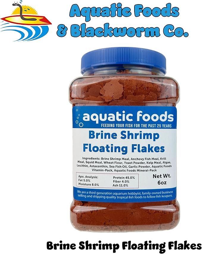 Aquatic Foods Inc. Brine Shrimp Flakes for All Freshwater Fish, All Marines, Tangs, Butterflies, Angels, Anthias, Clown Fish Also Pellet Mix, Wafer Mix Included…6oz Jar
