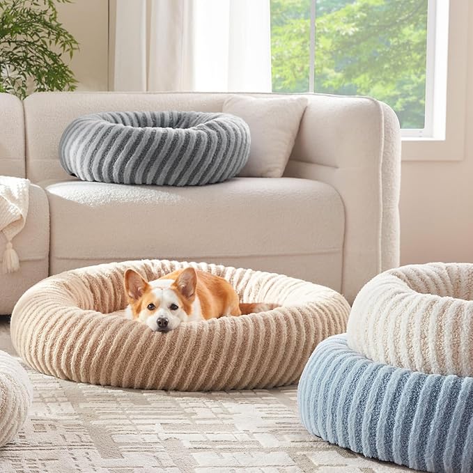 MIXJOY Dog Bed Medium Size Dogs, Washable Medium Dogs Bed with Removable Cover, Cozy Donut Dog Ded Fluffy Plush Faux Fur Pet Bed with Anti-Slip Bottom, 30"x30"x8", Blue