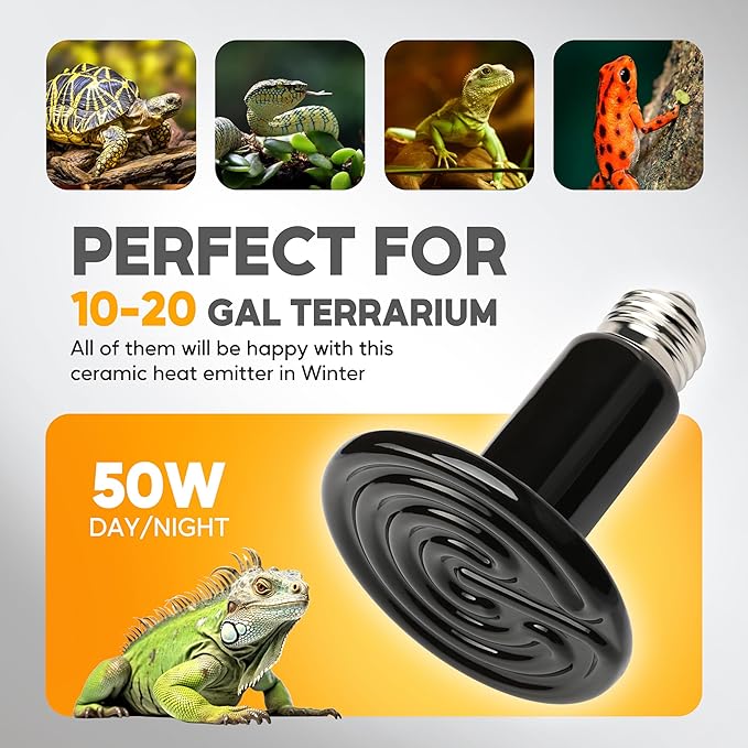 HealSmart 50W Reptile Heat Lamp Ceramic Heat Emitter, No Light Emitting Heat Bulbs, Suitable for Snake/Lizard/Spider, Plant Growth and Incubating Chicken, 2-Pack