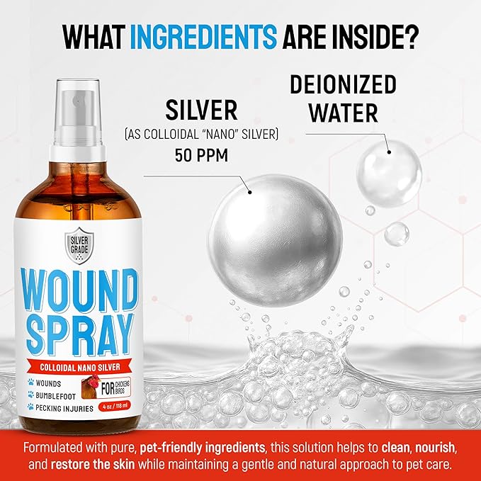 SILVER GRADE Wound Spray for Chicken from Birds & Chicken Antibiotics Alternative to Help with Pecking Sores, Bumblefoot, Cuts – Poultry Spray with Silver – GMOs Free – 4-Oz Bottle