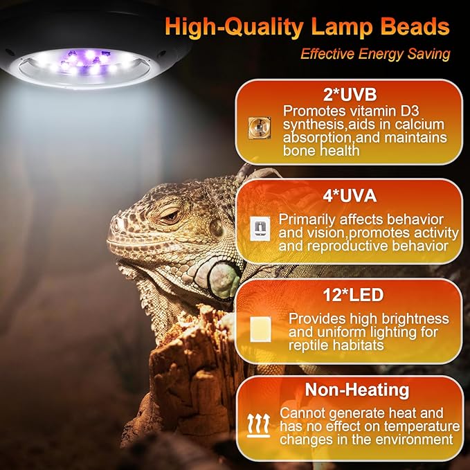 LED UVB Light for Reptiles, 8W UVA UVB Lamp – Timer Switch, Adjustable Brightness, Ferguson Zones 1-4, Energy-Efficient, UVI Lamp for Bearded Dragons, Chameleon, Lizard, Snake, Non-Heating Equipment