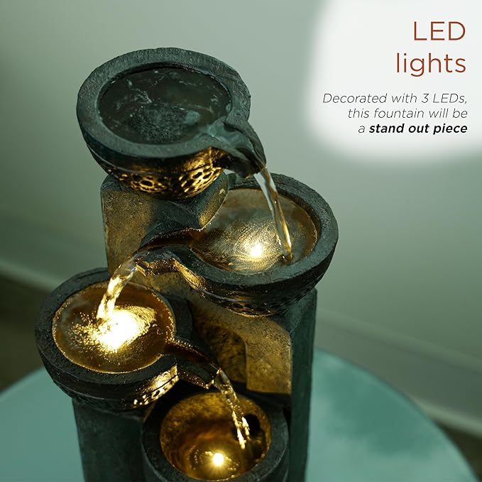 Alpine Corporation TZL412 14" Stoned Jar Cascading Water Fountain with LED Lights – Elegant Tabletop Water Feature for Home, Office, Living Room, Bedroom, and Desk Décor, Gray