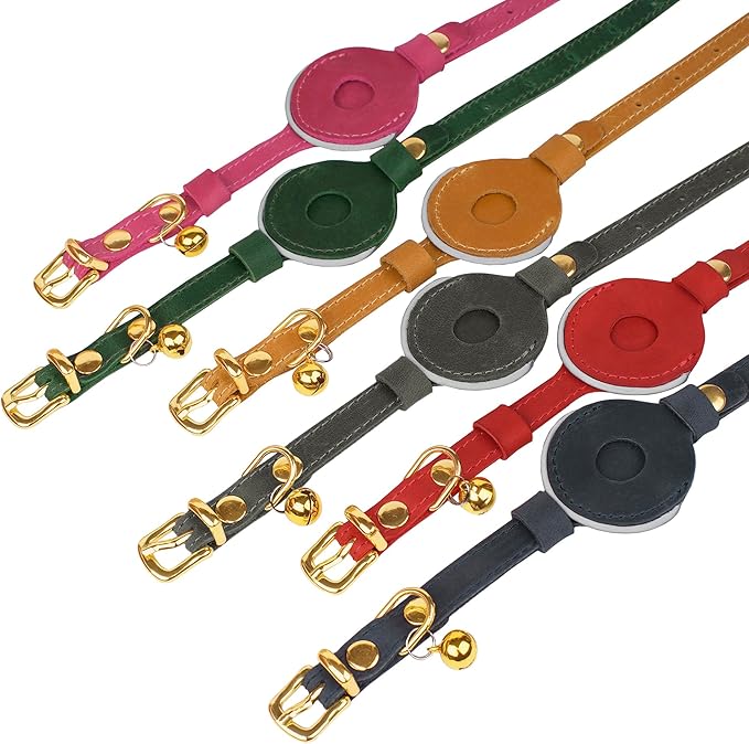 OOPSDOGGY Reflective Leather AirTag Cat Collar with Bell - Non Breakaway Adjustable Pet Collar with Apple Air Tag Holder - Lightweight GPS Kitten Collars for Small Dogs Puppy (Camel)
