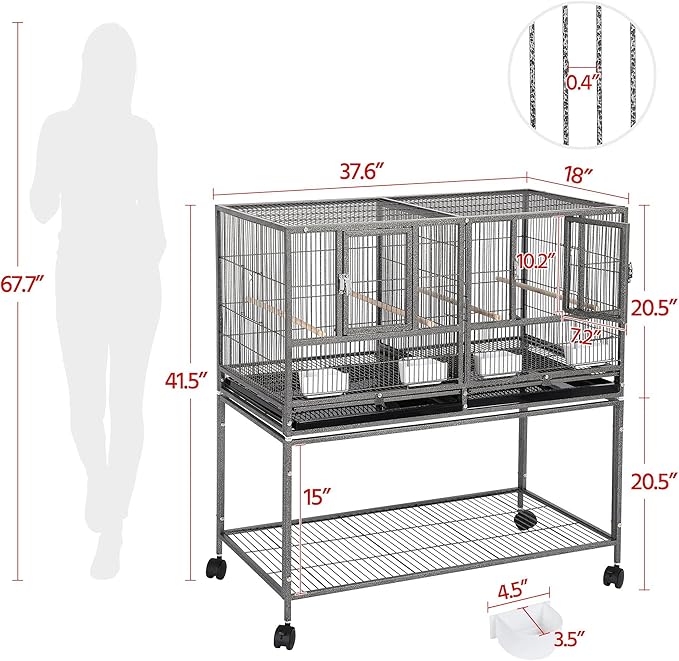 Yaheetech Stackable Divided Breeder Breeding Parakeet Bird Cage for Canaries Cockatiels Lovebirds Finches Budgies Small Parrots with Detachable Rolling Stand, Black