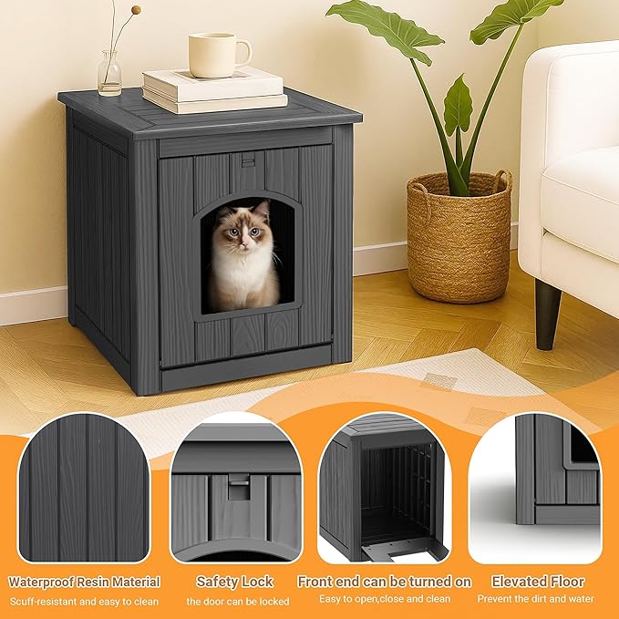 DRATO Outdoor Cat House -Weatherproof Resin Cat Houses for Outdoor Cats, Durable, Easy Assembly,cat igloo outdoor，Durable & Insulated Shelter for Garden, Patio, or Backyard（Black，18.46*23.62*21.42）