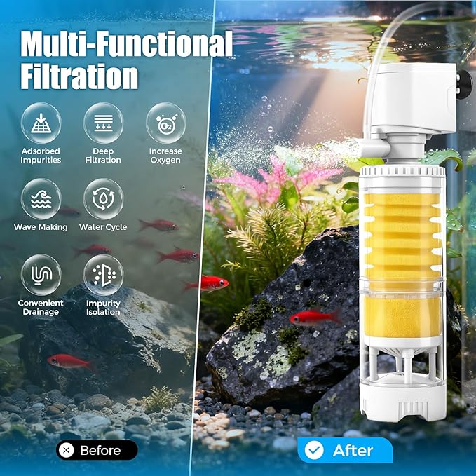 Fish Tank Filters for 10-20 Gallon Tank, 4-in-1 Aquarium Filter with Multi-Layer Filtration, Adjustable Oxygenation & Wavemaker, Impurity Separation