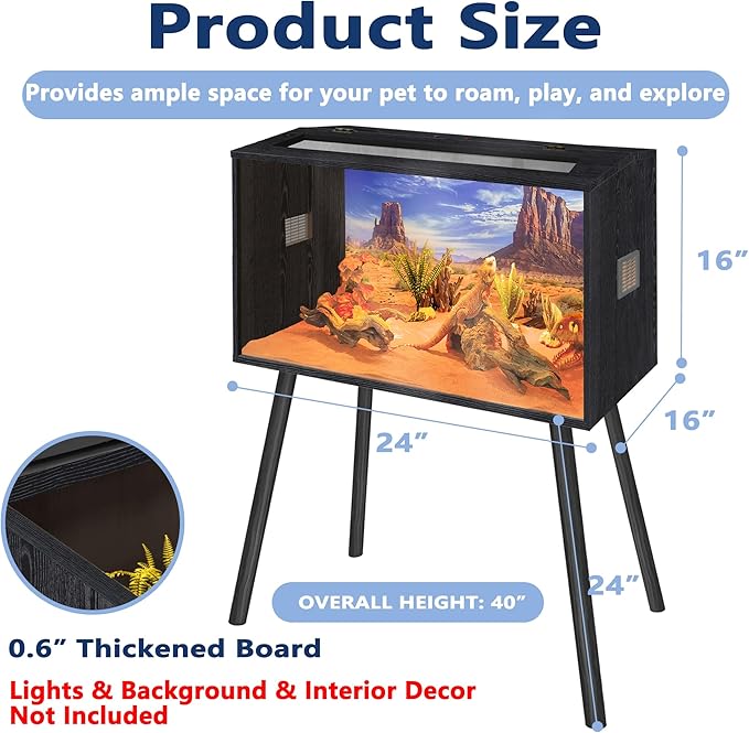 PROLEE 26 Gallon Reptile Tank, Tempered Glass Bearded Dragon Tank with Wooden Roof and Lockable Doors, Large Lizard Habitat for Snakes, Iguanas, Chameleons (Black)