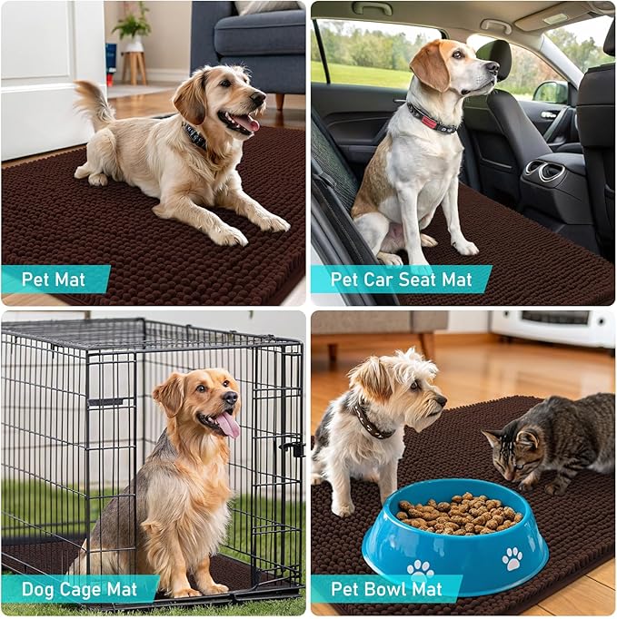 OLANLY Dog Door Mat Set 2-Piece 36x24, Absorbs Moisture and Dirt, Absorbent Non-Slip Washable Doormat, Quick Dry Chenille Mud Mat for Dogs, Entry Indoor Entryway Carpet for Inside Floor, Brown