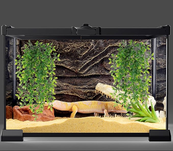 HERCOCCI Reptile Plants, 4 Pack Terrarium Hanging Plants Vines Artificial Leaves Habitat Decorations with Suction Cup for Bearded Dragon Hermit Crab Lizard Snake Geckos Chameleon
