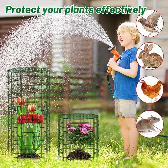 UNIFAMILY 6pcs Plant Protectors from Animals with 2 Round Covers 13 x 11.8IN, Metal Plant Cages for Outdoor Plants, Chicken Wire Cage, Plant Protectors for Keeping Bunny Chicken Squirrels Birds Out