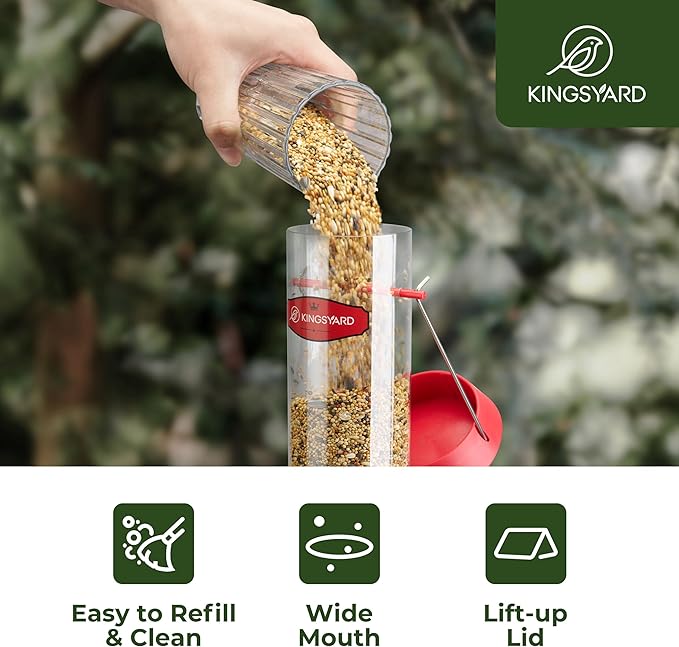 Kingsyard 2 Pack Tube Bird Feeder for Outdoors Hanging, Removable Base and Perch, 6 Feeding Ports - Easy to Clean, Premium Hard Plastic, Attracting for Finches Cardinals (Red)