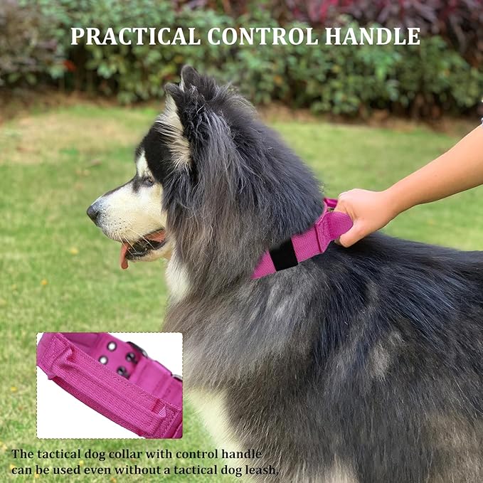 Tactical Dog Collar with Handle, Military Adjustable Heavy Duty Metal Buckle Dog Collars Soft Nylon Training Collar for Medium Large Dogs (Pink, X-Large)