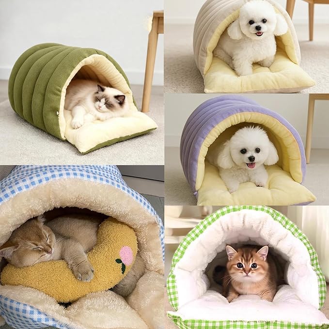 Expectation Cat Bed, Removable and Washable Winter Closed-Off Cat Bed, Soft Fluffy Warm Autumn/Winter Cats House, Washable Non-Slip Pet Sleeping Bag for Indoor Cats Small Dogs (Beige,Medium)