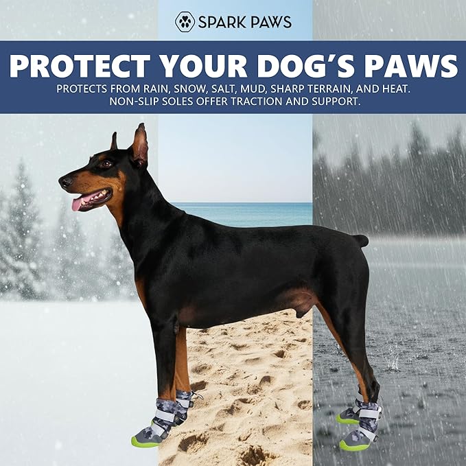 Spark Paws Dog Shoes, Waterproof Dog Boots for Medium to Large Dogs, Non Slip, Breathable Dog Booties and Paw Protectors - 4PCS Doggie Hiking Boots with Reflective Straps, Gray Camo, Size 7