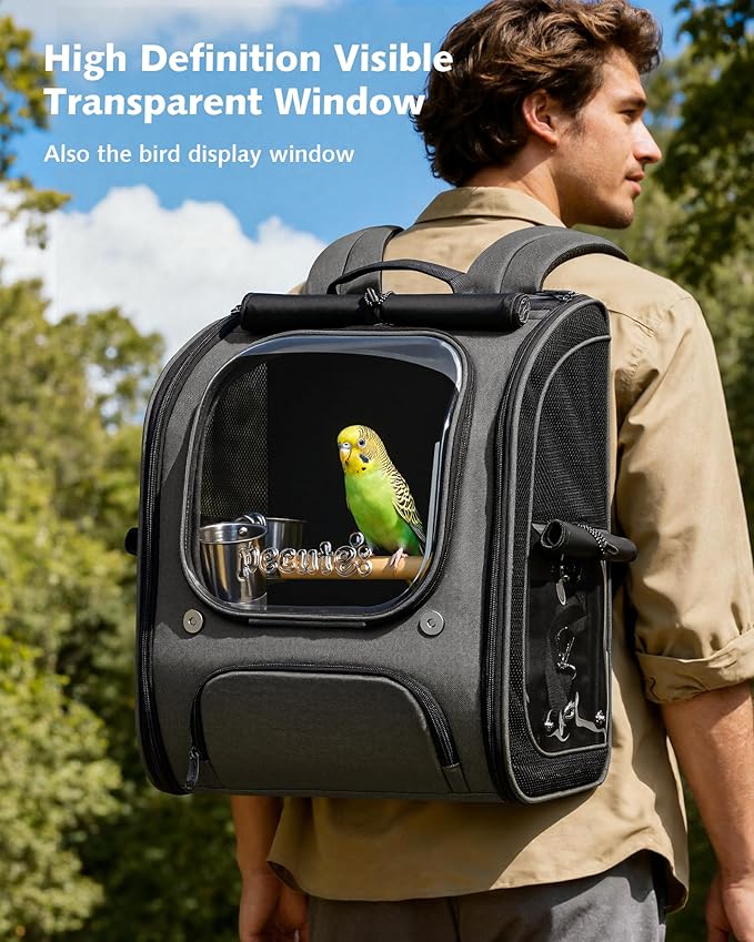 Pecute Bird Backpack Carrier for Small Birds,Cockatiel,Parrot,Bird Carrier with Standing Perch,Comfy Mat&Transparent Window, Breathable Bird Backpack for Vet Visit,Shopping and Outdoor Adventure,Grey