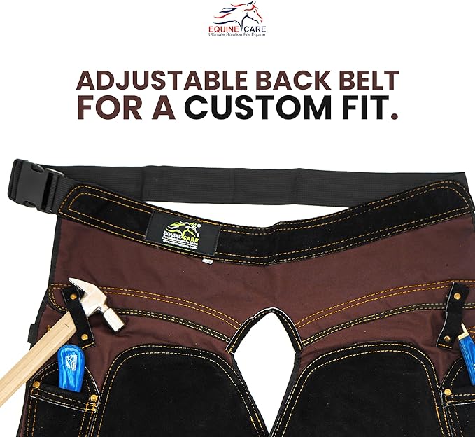Equine Care Farrier Apron Chaps – 2mm Cowhide Suede Leather, 500 GSM Canvas, 23" Length, Adjustable Waist (28–52"), Ambidextrous Knife Pockets, Magnets & Loops – Horseshoeing & Hoof Trimming.
